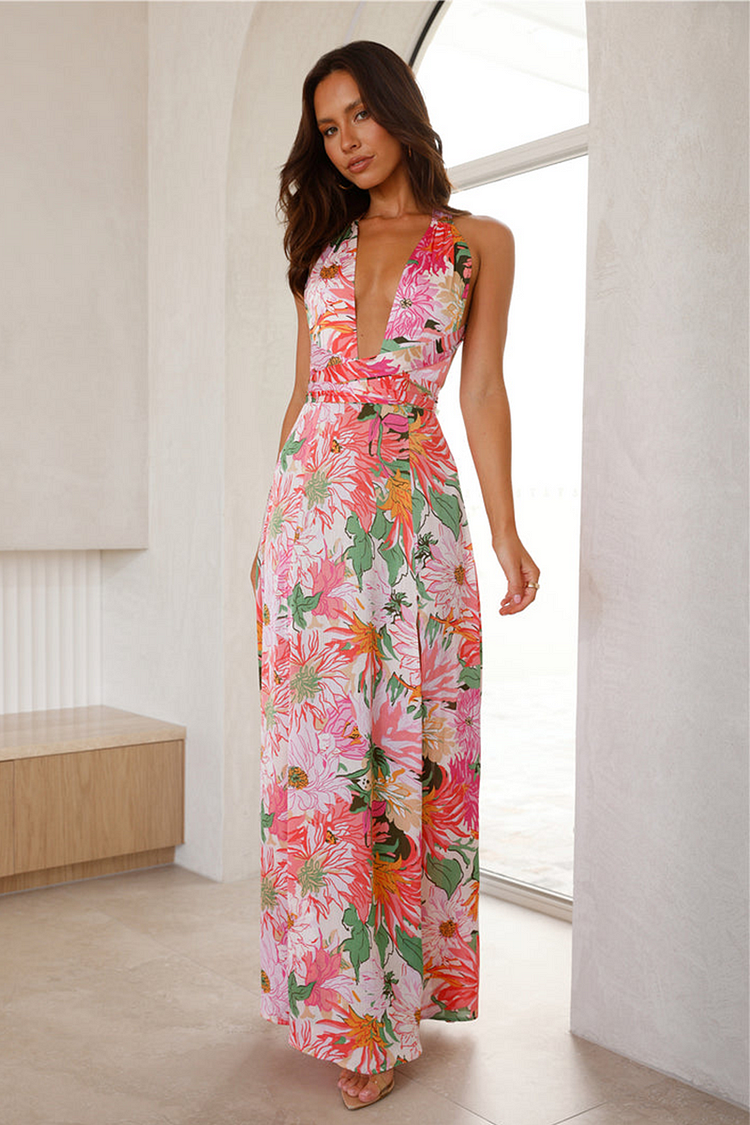 Floral Print Halter Deep V Neck Backless Slit Maxi Dresses-Pink [Pre Order]