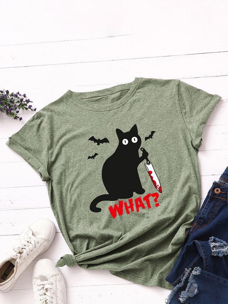 Spoof Cartoon Cat Print Short Sleeve O neck T Shirt For Women P1824246