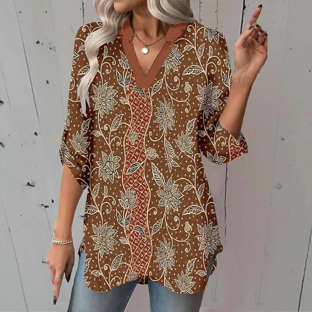 Women Ethnic Ethnic, Brown, Floral DZGA0492 3/4 Sleeve V-neck Printed Graphic Button Tops