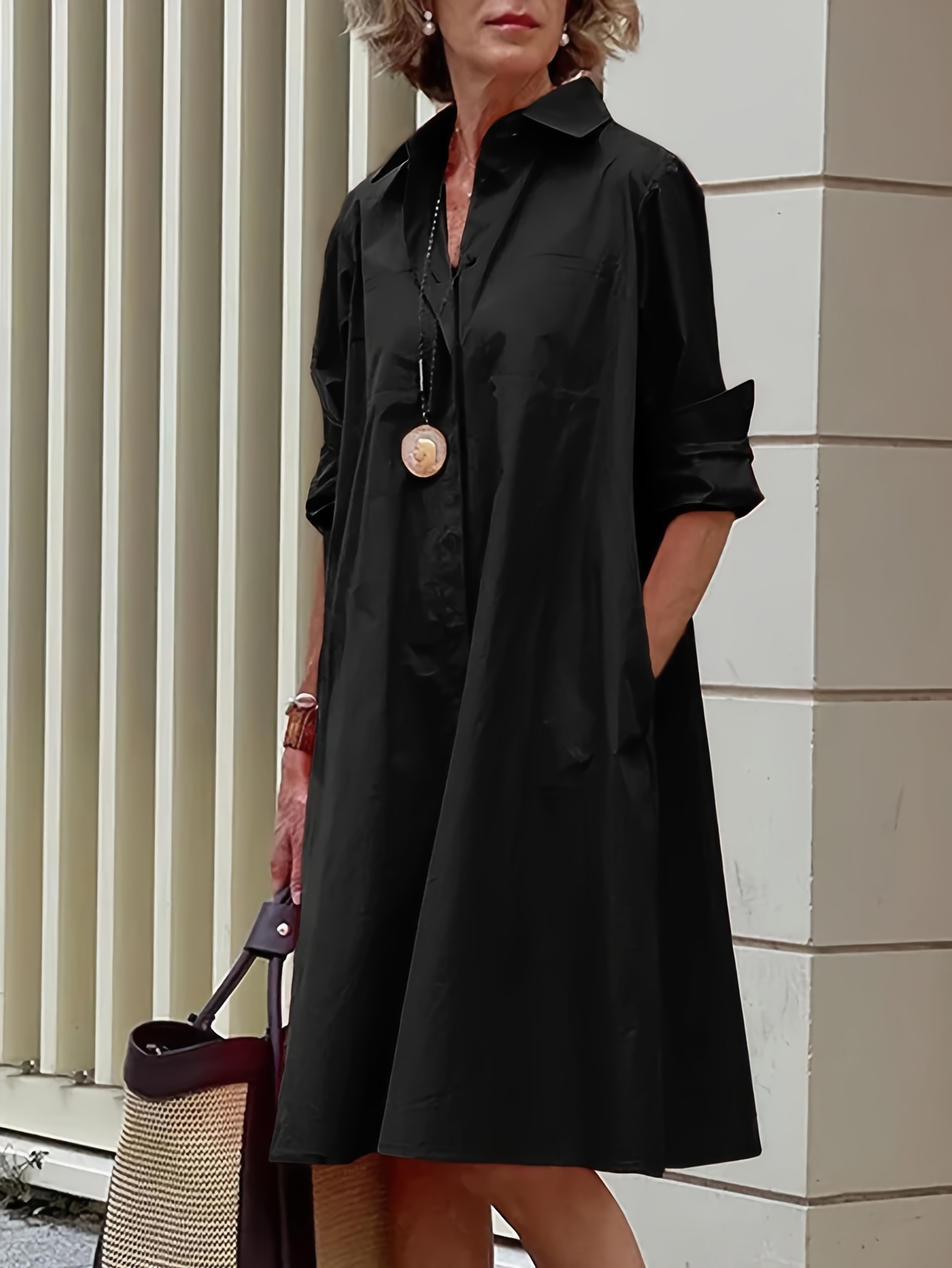 Plus Size - Large Size Women's Simple Loose Shirt Dress, Long Sleeved Fashionable Versatile Commuting Shirt Long Skirt | IFYHOME