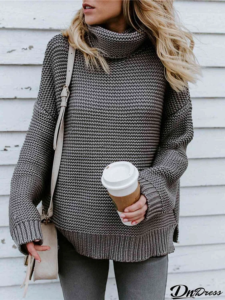 Turtleneck Dropped Shoulder Slit Sweater