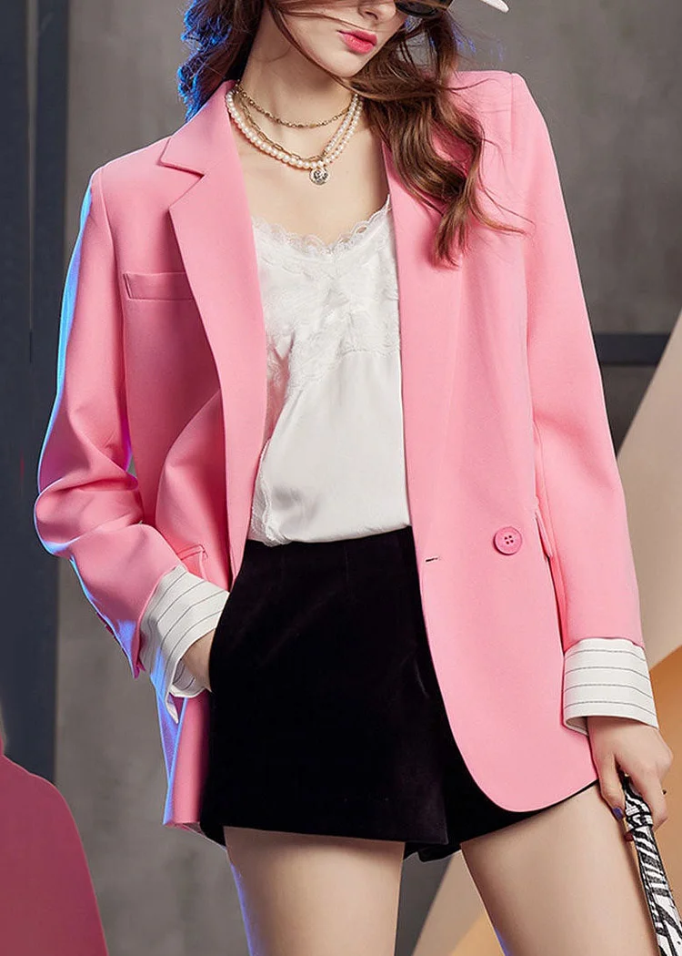 Brief Pink Notched Patchwork Button Fake Two Pieces Coats Long Sleeve