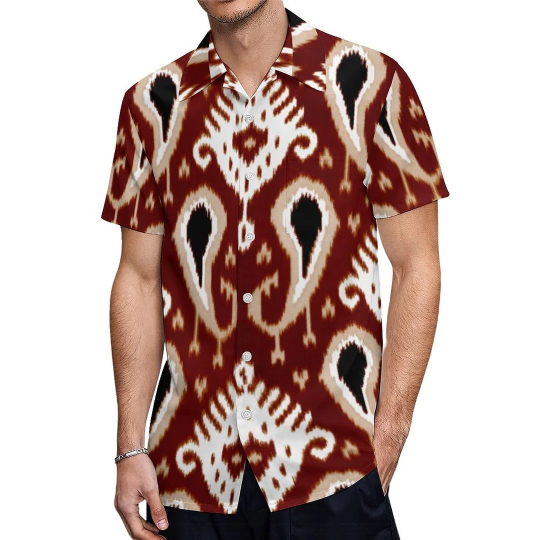 Short Sleeve Dark Red Taupe Brown Ikat Tribal Hawaiian Shirt Mens Button Down Plus Size Tropical Hawaii Beach Shirts