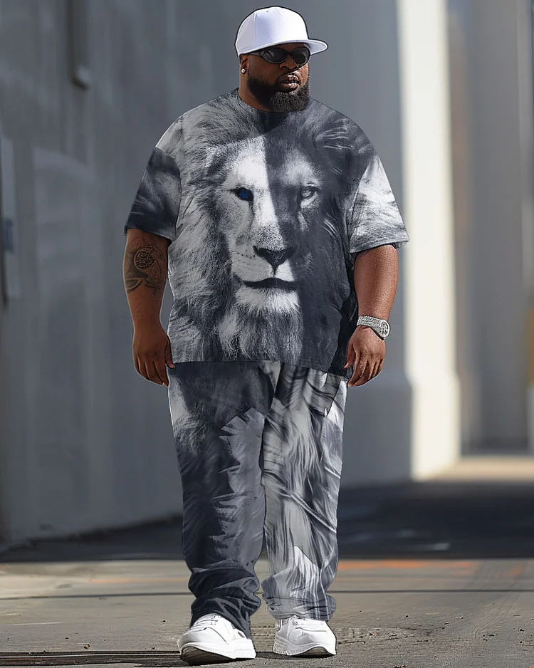 Men's Large 3D Lion Print T-Shirt Pants Suit