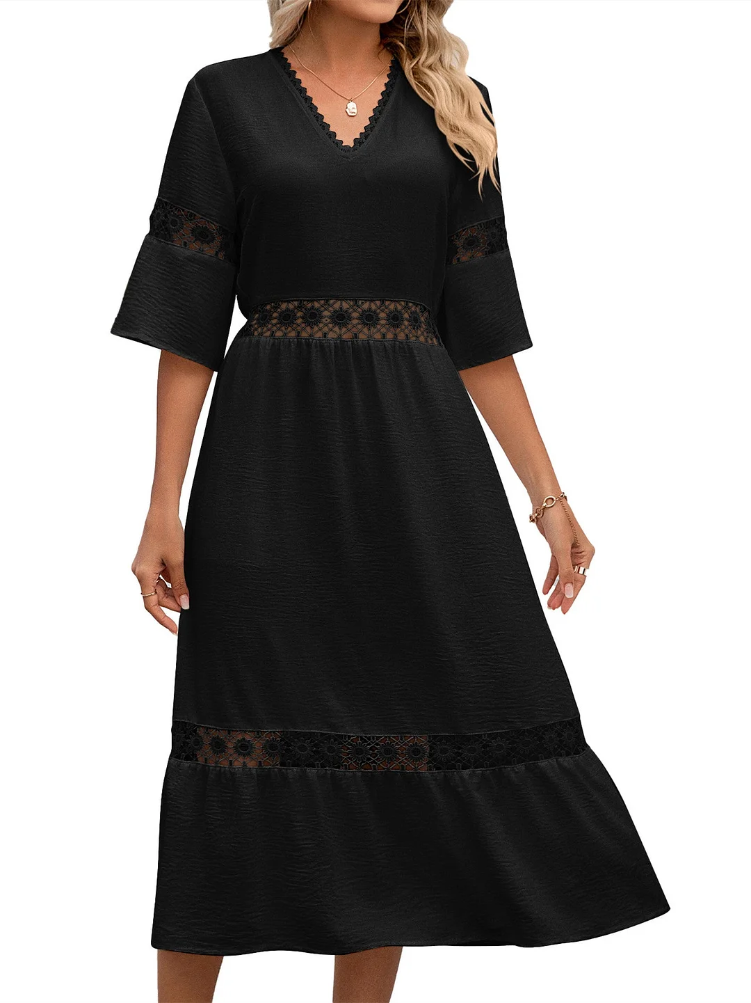 Women's Short-sleeved V-neck Hollow Lace Casual Dress