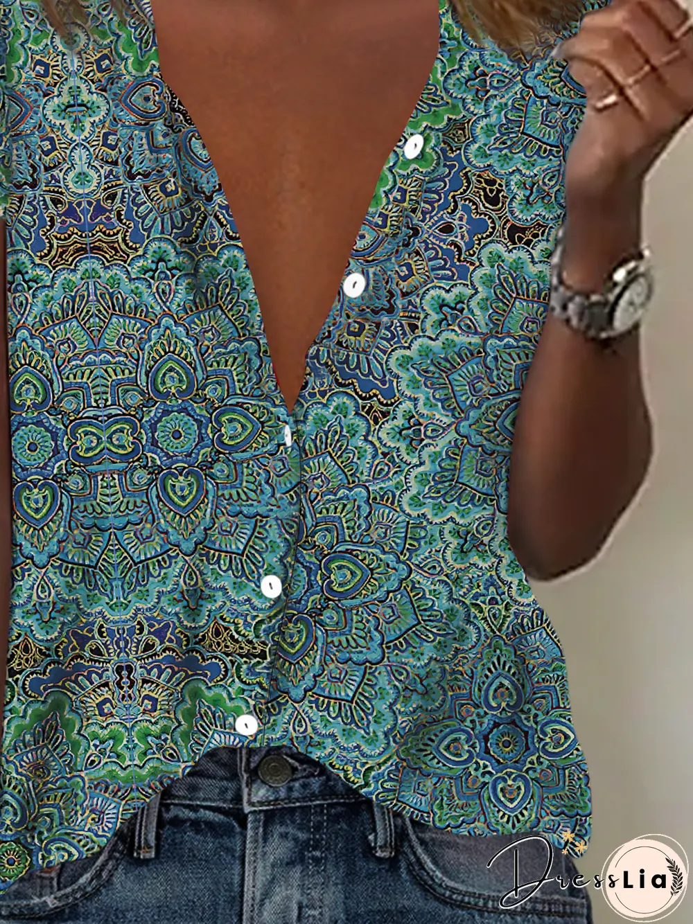 Casual Tribal Geometric Shirt Collar Loosen Blouse