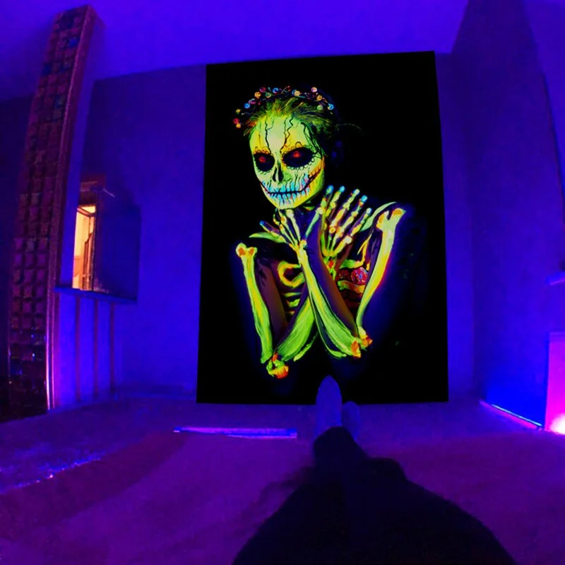 Psychedelic Skull Fluorescent Tapestry Glow Under Ultraviolet Light Mushroom Wall Hanging Cloth Hippie Decor Home Room Aesthetic