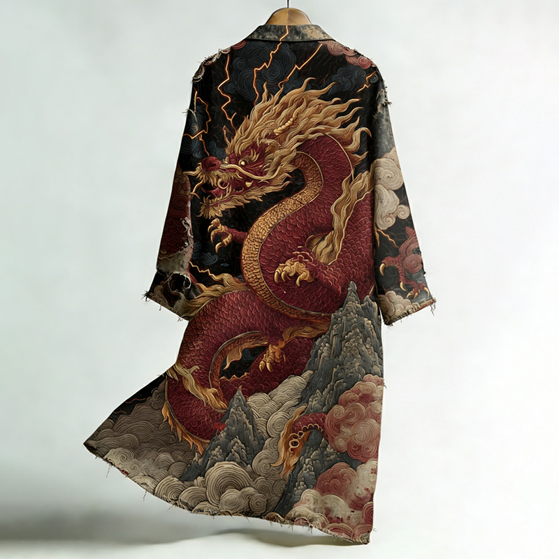 Men's Japanese Dragon Art Print Linen Long Kimono  artssus