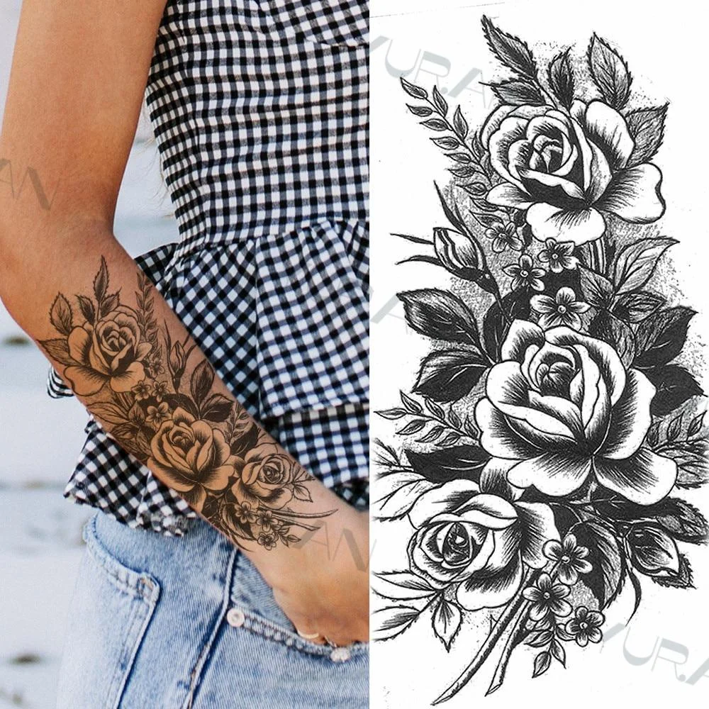 Black Large Snake Flower Fake Tattoo Sticker For Women Dot Rose Peony Temporary Tattoos DIY Water Transfer Tatoos Girls 1029