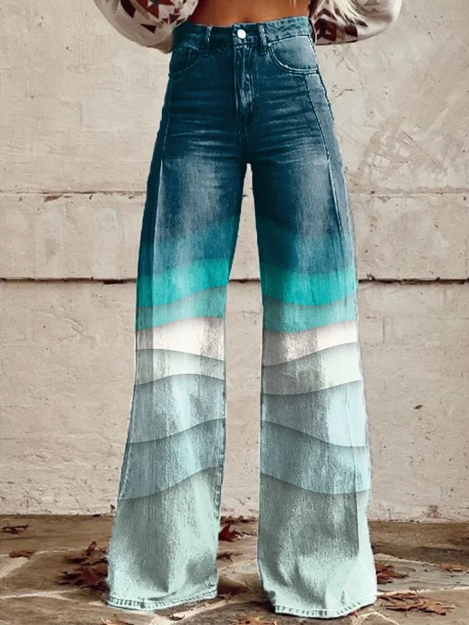Women's Retro Gradient Color Block Wide Leg Pants
