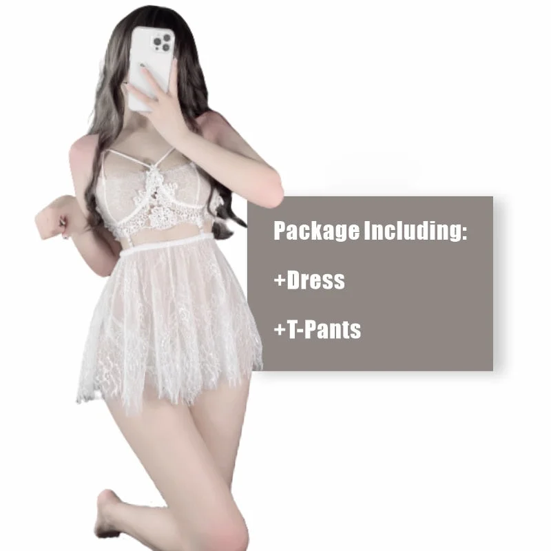 New Sexy Lingerie Female Sleepwear Winter Water Soluble Floating Flower Eyelash Lace Perspective Temptation Sling Nightgown