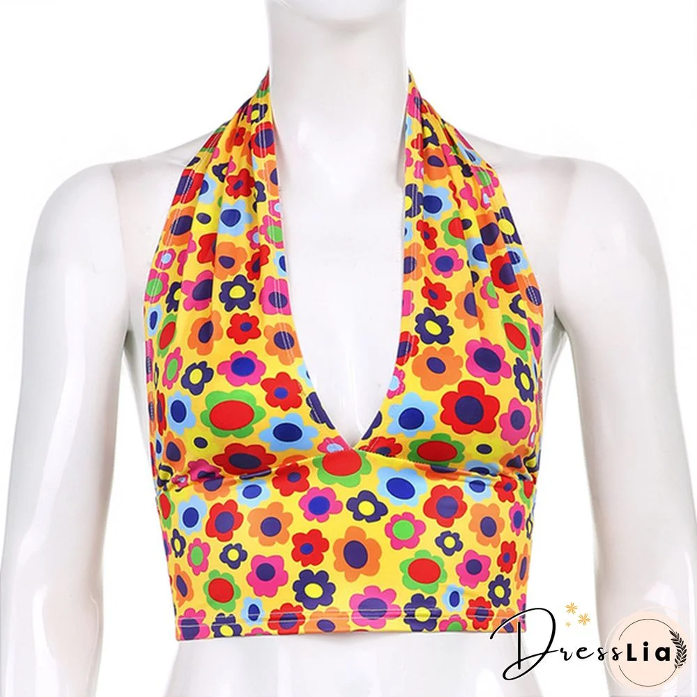 Women Halter Deep V Neck Sleeveless Crop Top Summer Holiday Fashion Floral Print Camisole Backless Vest