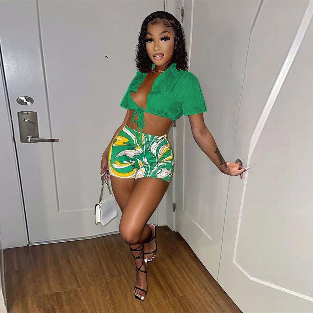 CM.YAYA Workout Beach Women Two 2 Piece Set Outfit Sweatsuit 2022 Mini Shirt Top and Print Shorts Matching Set Street Tracksuit
