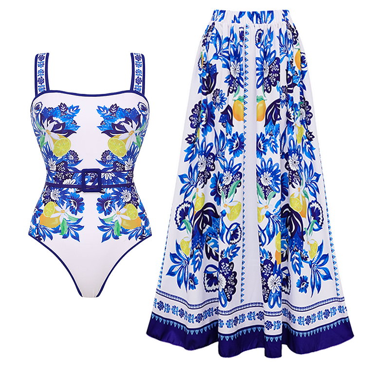 Sling Lemon and Creative Pattern Print One Piece Swimsuit and Skirt
