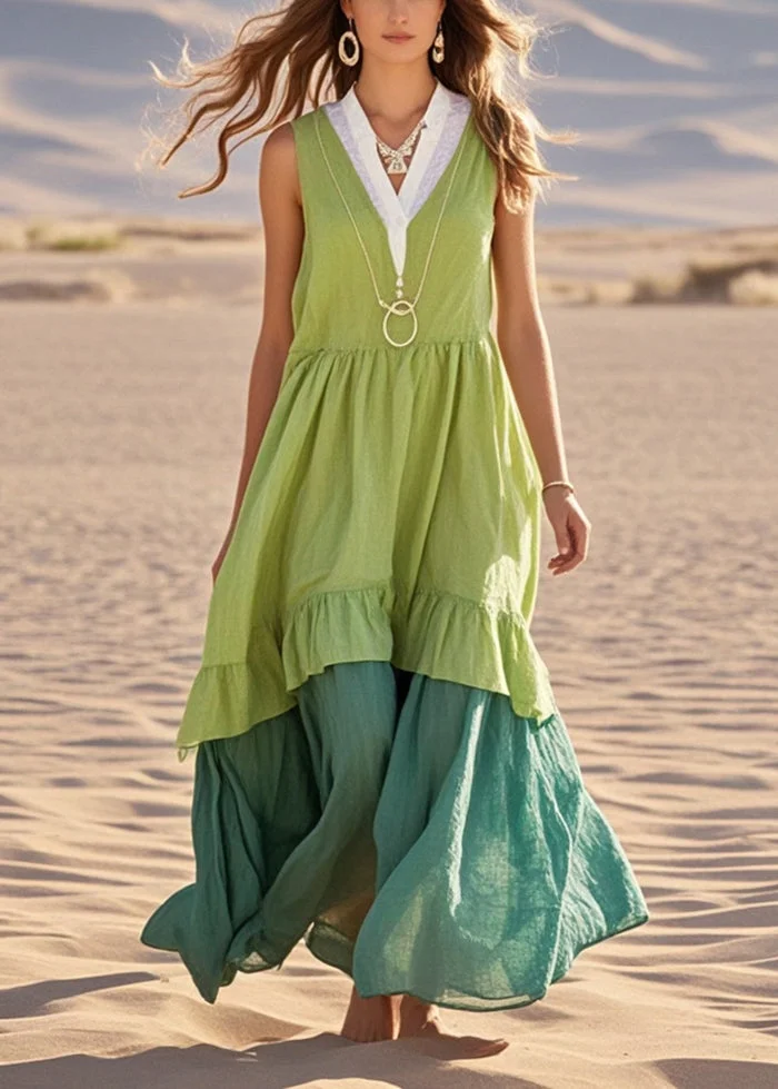 Green Patchwork Cotton Maxi Dresses Exra Large Hem Sleeveless Summer