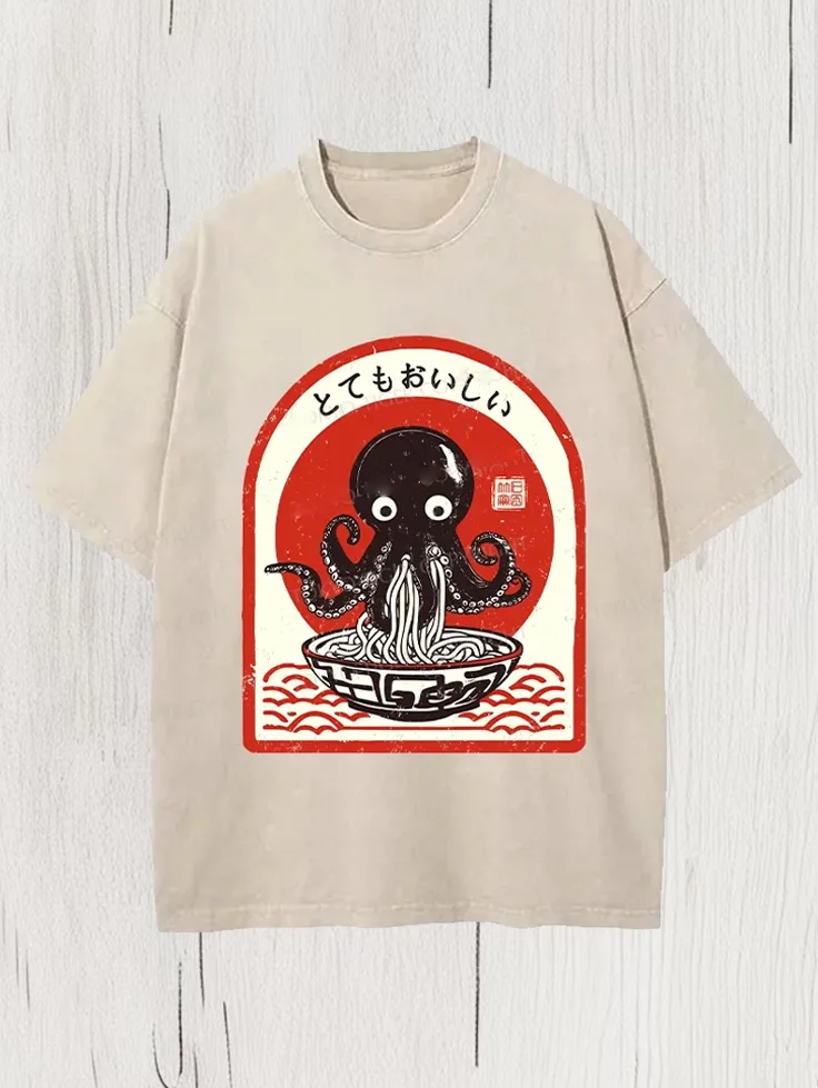 Men's Octopus Ramen Japanese Art Print Cotton Washed T-Shirt