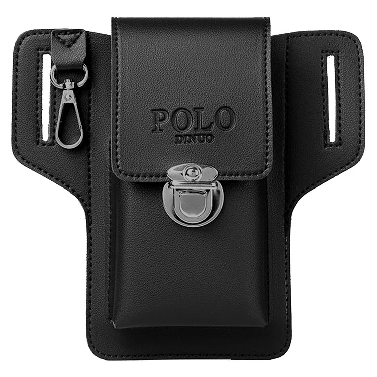 Men Belt Bag Vintage PU Multi-compartment Pouch Wallet Phone Case (Black)