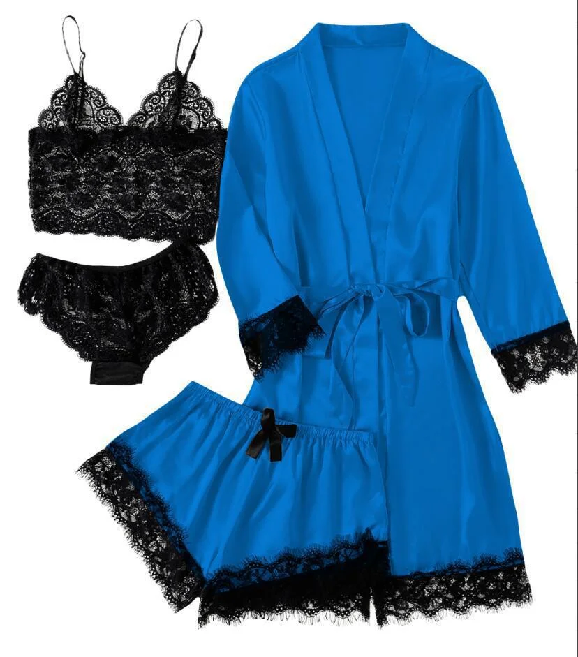 Brownm 2021 New Ladies Pajamas Four-Piece Sexy Sling Skirt Set Home Lace Pajamas Set