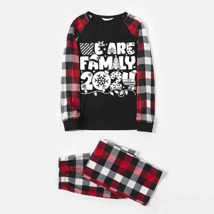"We are Family 2024" White Letter Print Red & Black & Grey & White Plaid Family Matching Pajamas