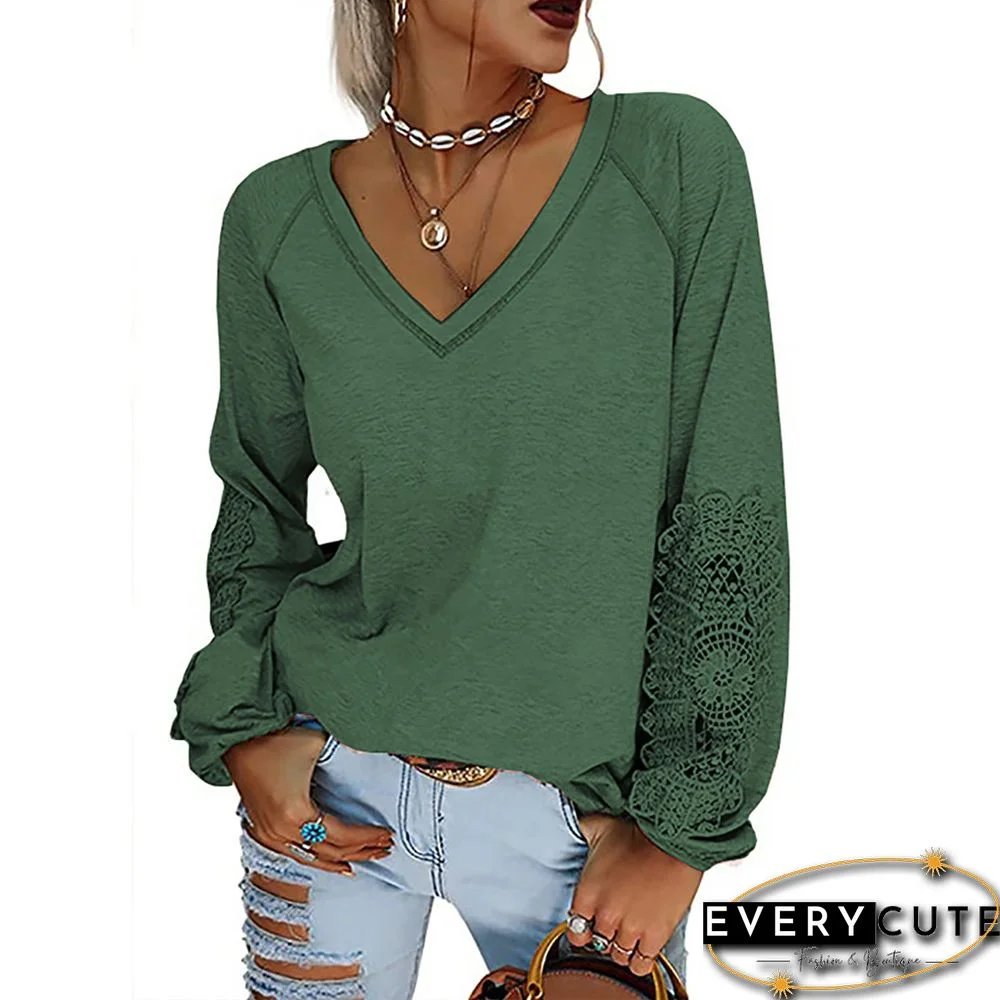 Green Splice Lace Lantern Long Sleeve Top