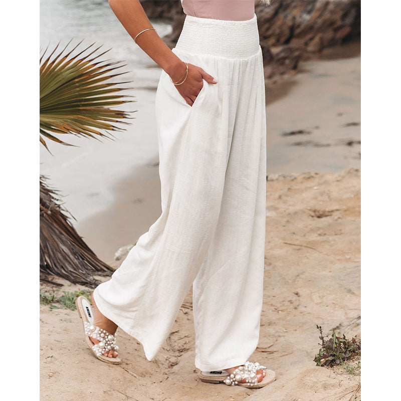 Greattioa-Casual high waist trousers solid color cotton linen loose wide leg pants women