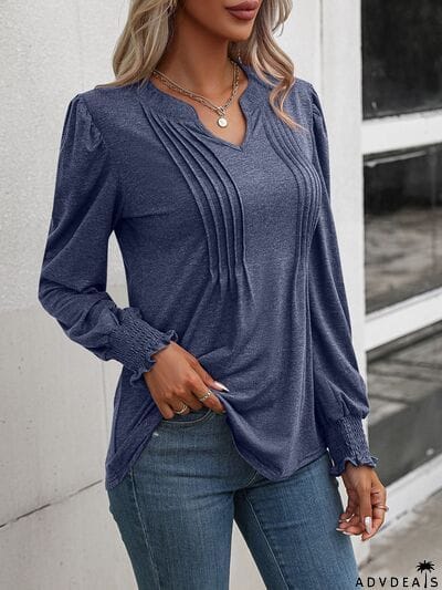 Notched Smocked Lantern Sleeve Blouse