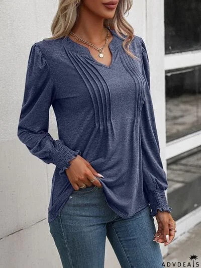 Notched Smocked Lantern Sleeve Blouse