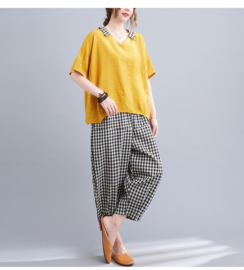 Loose Solid Color Short Sleeve T-Shirt Plaid Casual Pants Suit