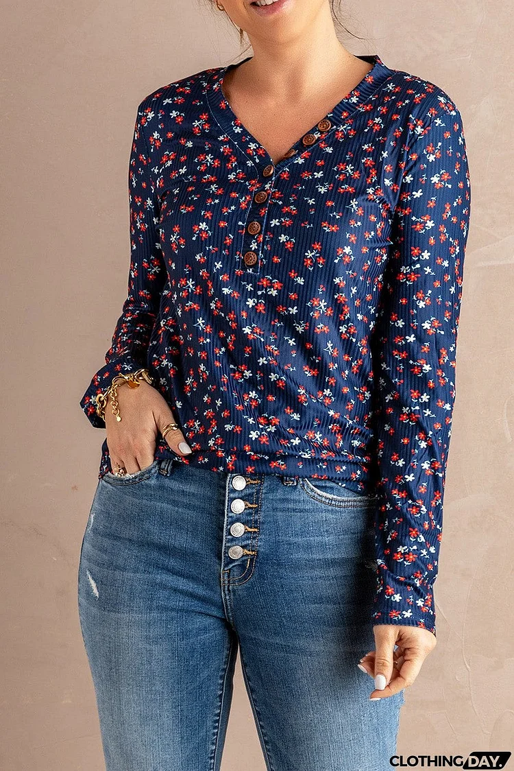 Navy Long Sleeve Floral Top