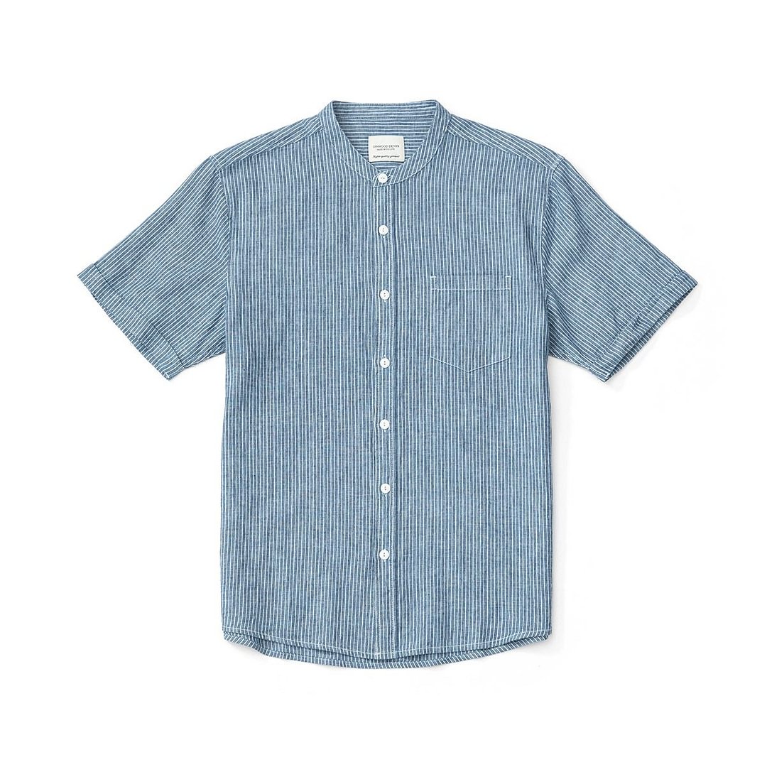 SIMWOOD 2021 Summer New Cotton Linen Shorts Sleeve Shirts Men Breathable Comfortable Collarless Vertical Striped Shirts SK130397