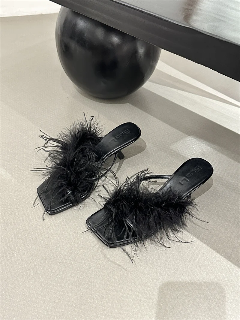 2023 summer fashion temperament feather real fur square toe stiletto heel