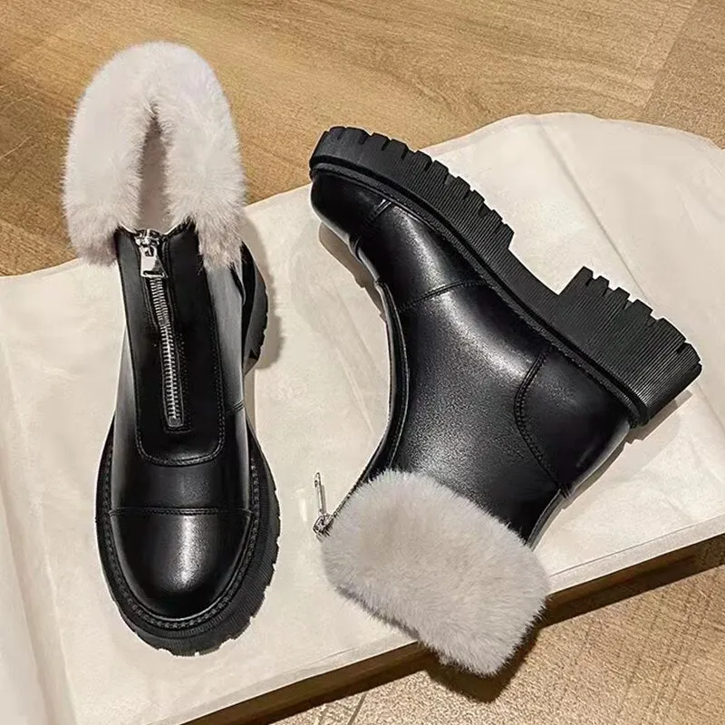 Autumn Winter Boots Women 2021 New Sexy Fashion Zipper Black White Ankle Boots For Women Luxury Designer Ladies Fur Shoes