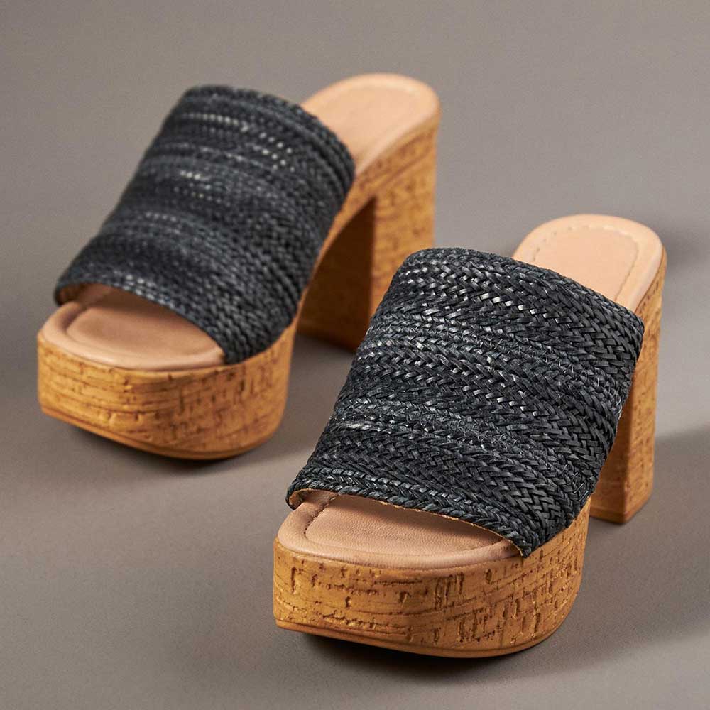 Black Woven Open Square Toe Block Heel Slip-On Platform Mules Shoes Nicepairs