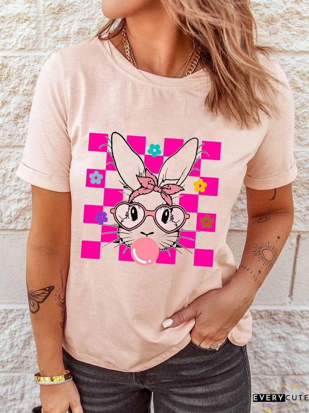 Easter Bunny Plaid Floral Print Pink T-Shirt