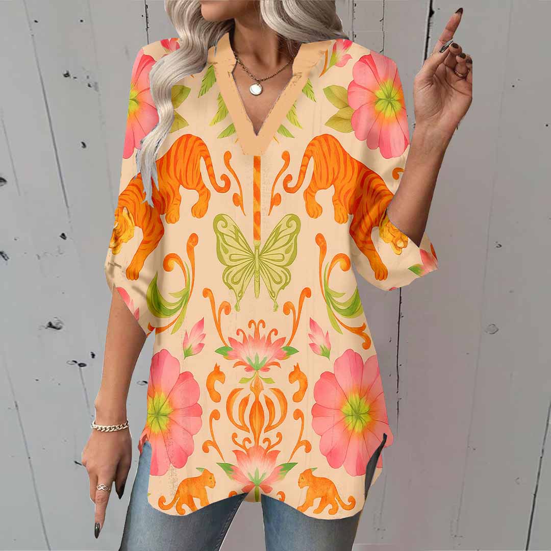 Women Tropical, Animals, Pink DZGA0097 3/4 Sleeve V-neck Printed Graphic Button Tops