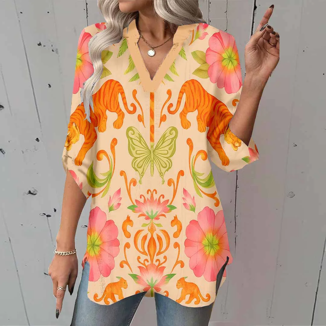 Women Tropical, Animals, Pink DZGA0097 3/4 Sleeve V-neck Printed Graphic Button Tops