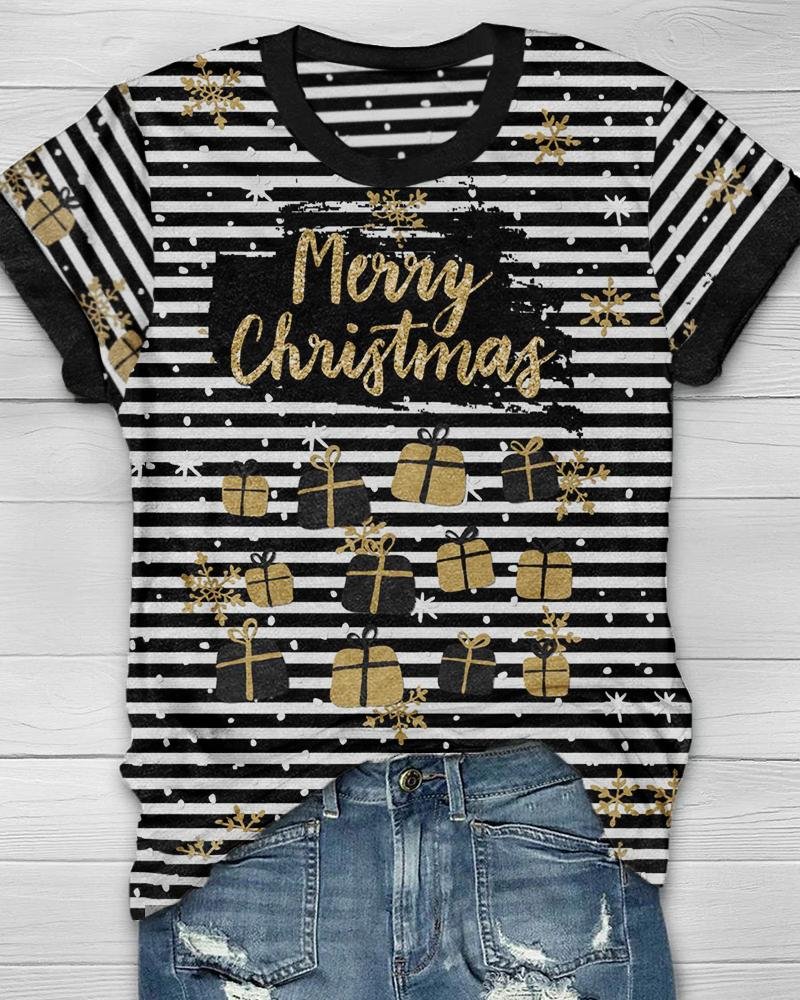 Merry Christmas Gift Print Black and White Striped T-Shirt