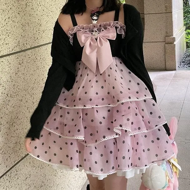 Sweet Cute Polka Dots Lolita Black Pink JSK Halter Dress/Black Cardigan SP16211