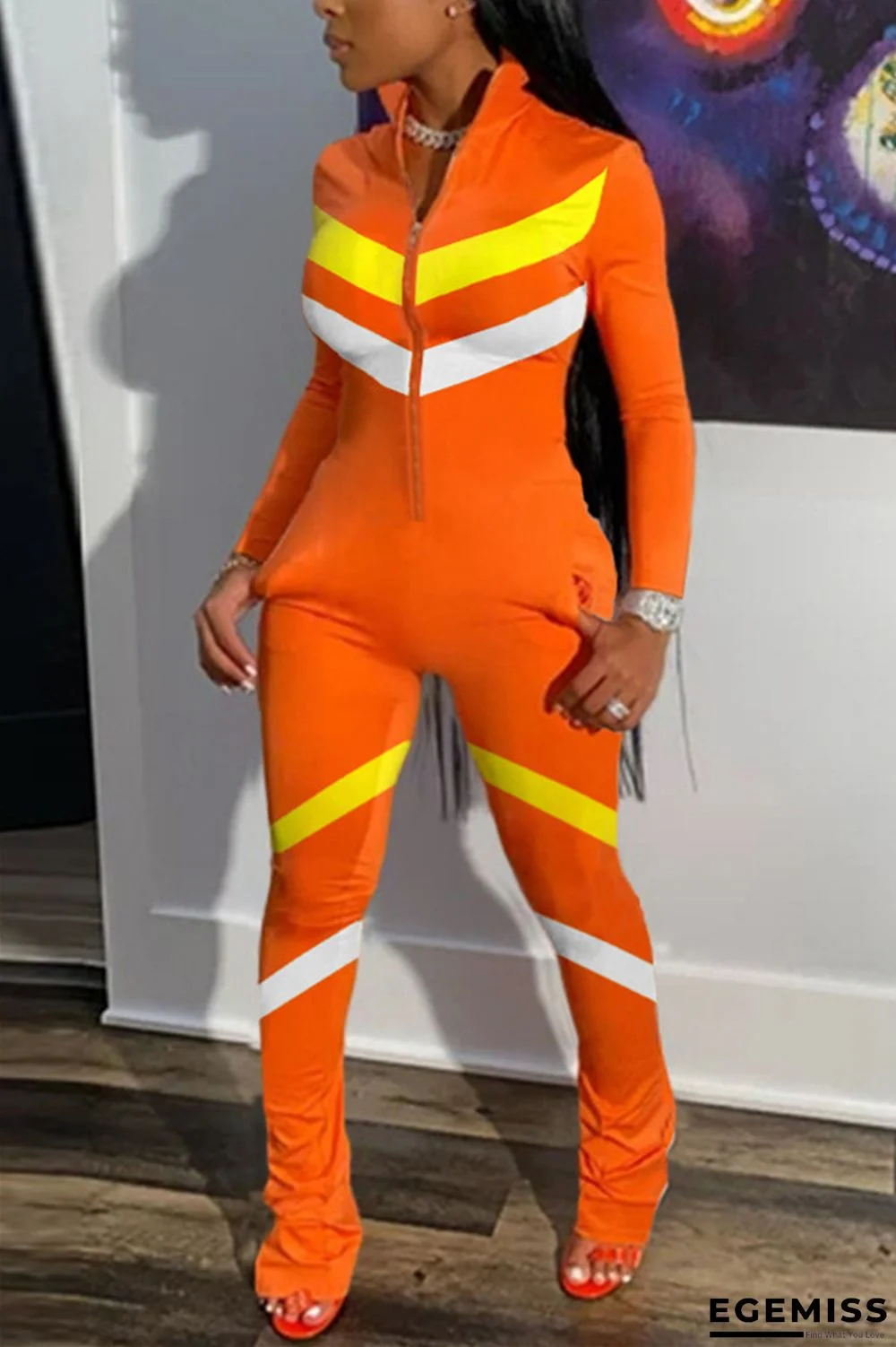 Orange Fashion Casual Striped zipper Long Sleeve O Neck Jumpsuits | EGEMISS