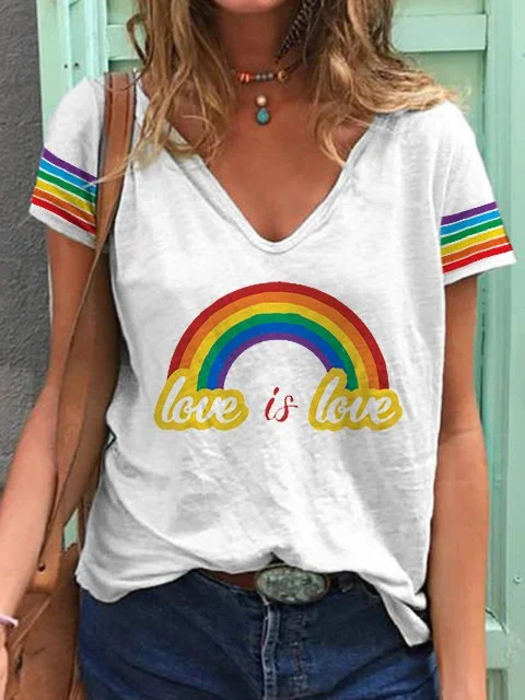 Women's  Rainbow Print V-Neck Short Sleeve T-Shirt