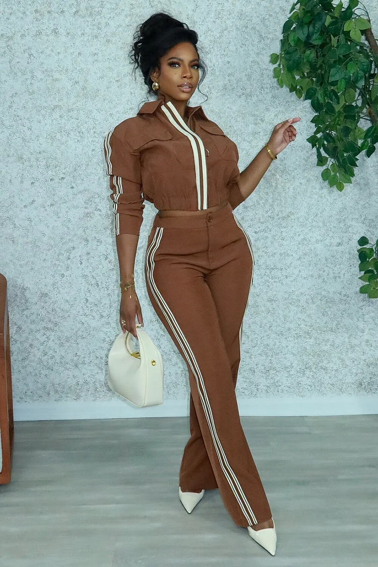 Striped Long Sleeve Crop Jacket High Waist Pants 2pcs Set-Black [Pre Order]