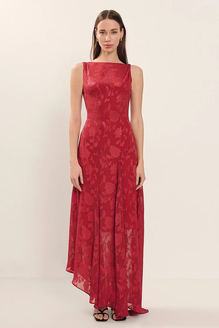 Floral Jacquard Sleeveless Asymmetrical Maxi Dress-Red [Pre Order]