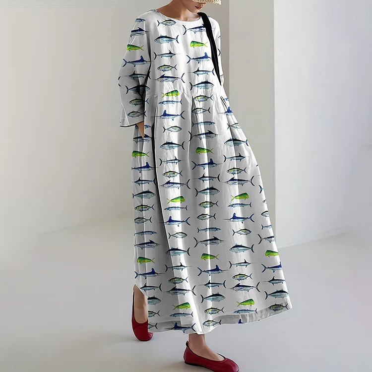 Retro Sea Fish of the North Atlantic Ocean Shark Art Print Casual Midi Dress
