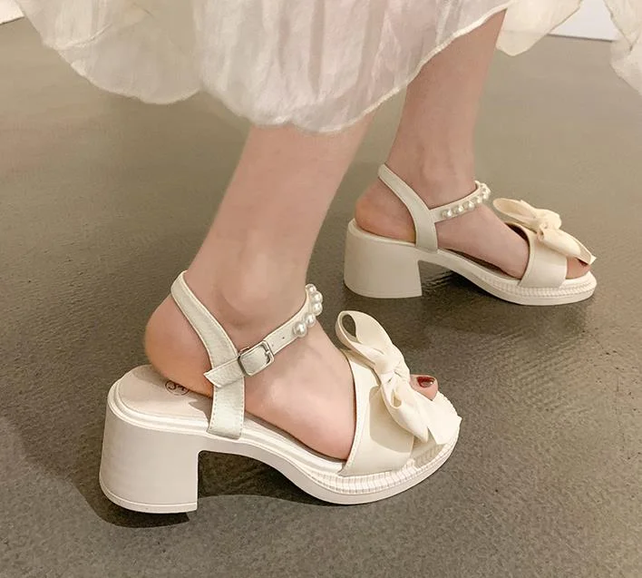 Lourdasprec Female Sandal Anti-Skid 2023 Women's Block Heels Ladies Shoes Summer Girls New Chunky Bow Beige Fashion High Comfort Clear