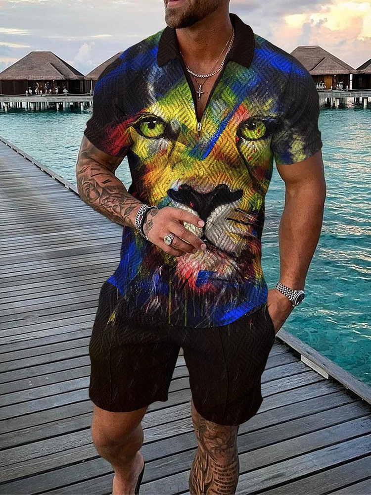 Men's Tiger Zip Polo Shirt and Shorts Two-Piece Suits