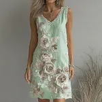 Women's Vintage Rose Art V-neck Sleeveless Mini Dress - Image 5