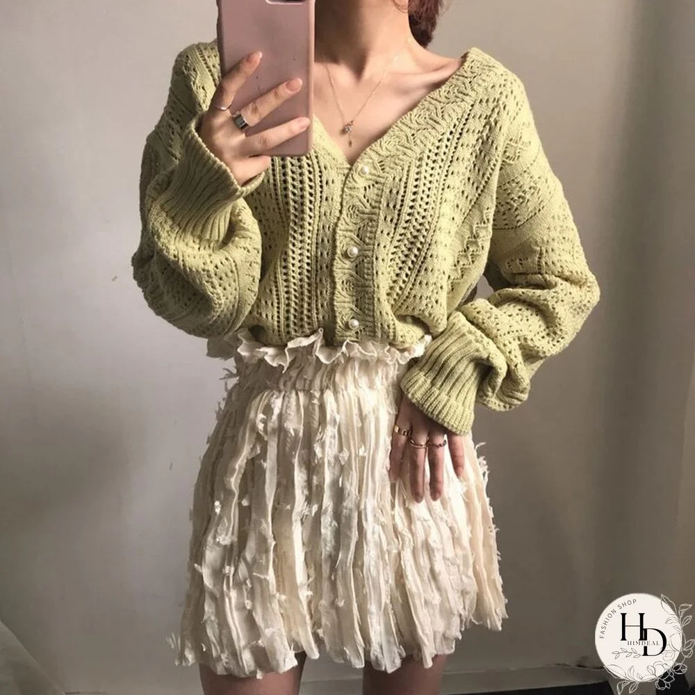 Women Spring Summer Sweater And Cardigans Low V-Neck Knit Tops Long Sleeve Hollow Out Sexy Cardigan Loose White Tops
