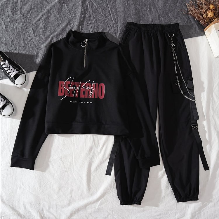 Sports Hoodie and High Waist Street Fashion Cargo Pants