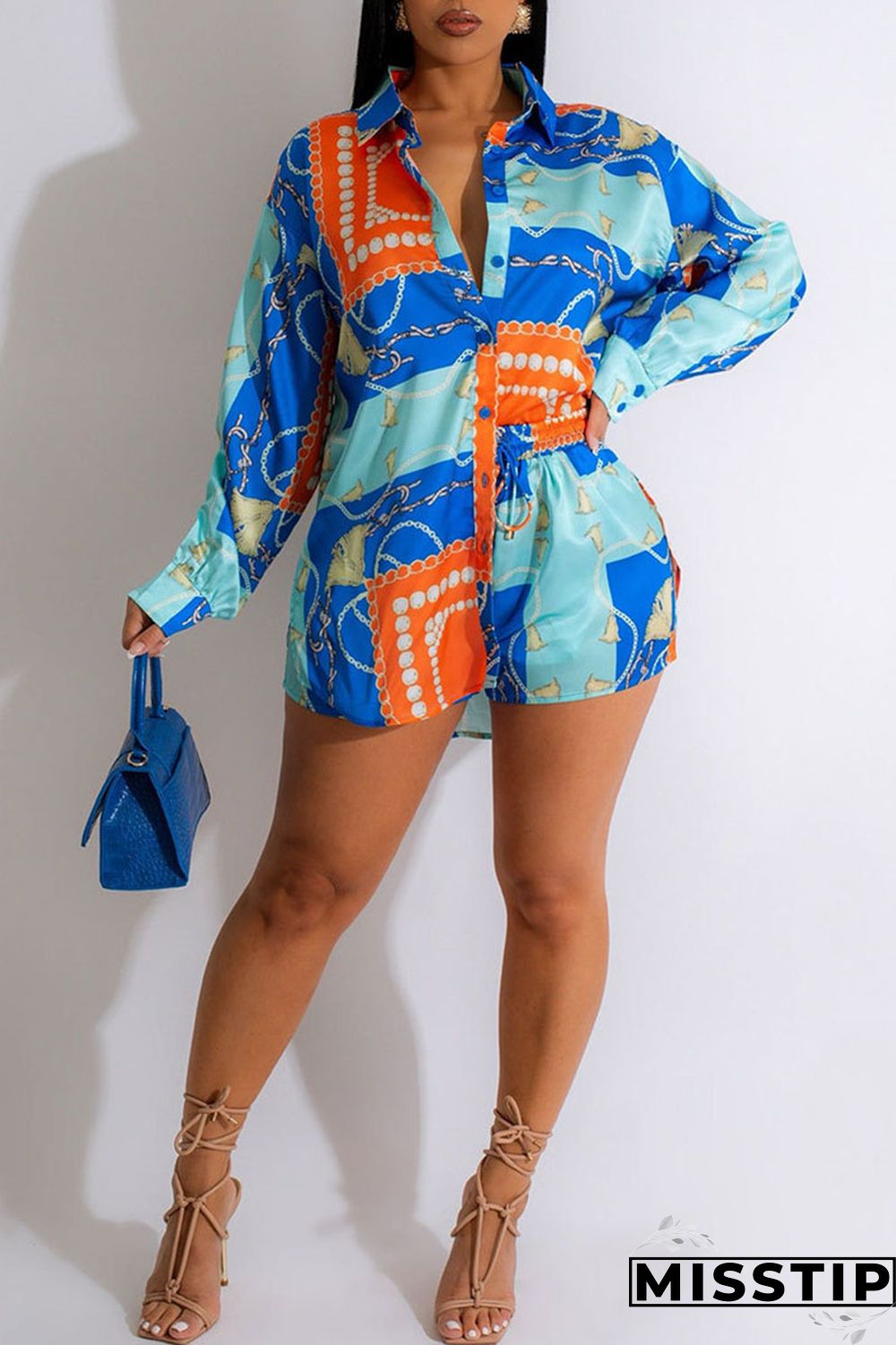 Yellow Casual Print Patchwork Buckle Turndown Collar Long Sleeve Two Pieces