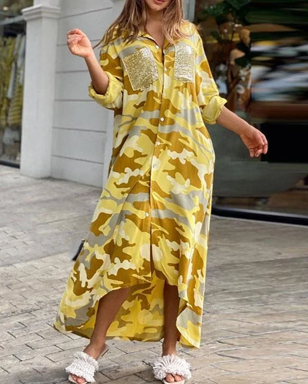 Camouflage Print Sequins Pocket Design Maxi Dress